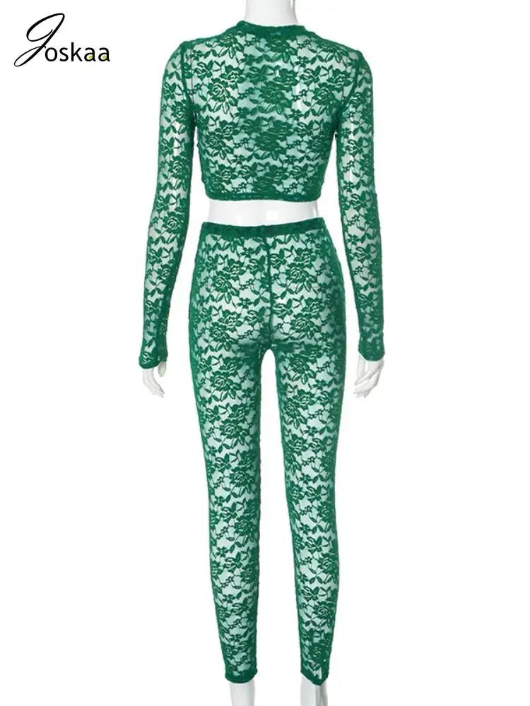 Women's Lace Long Sleeve Crop Two Piece Set Green – Detail View