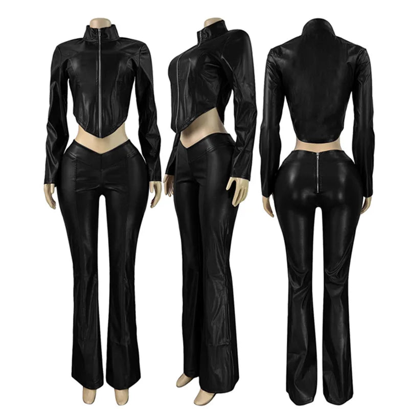 Joskaa Faux Leather Zip Up Long Sleeve Flare Two Piece Set - two piece set image 5