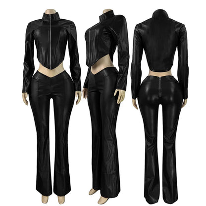 Joskaa Faux Leather Zip Up Long Sleeve Flare Two Piece Set - two piece set image 5