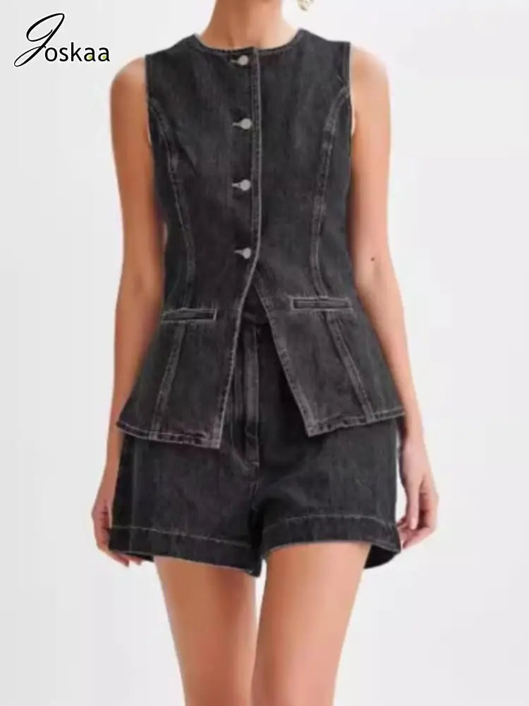 Women's Denim Sleeveless High Waist Two Piece Set Black Sets – Front View