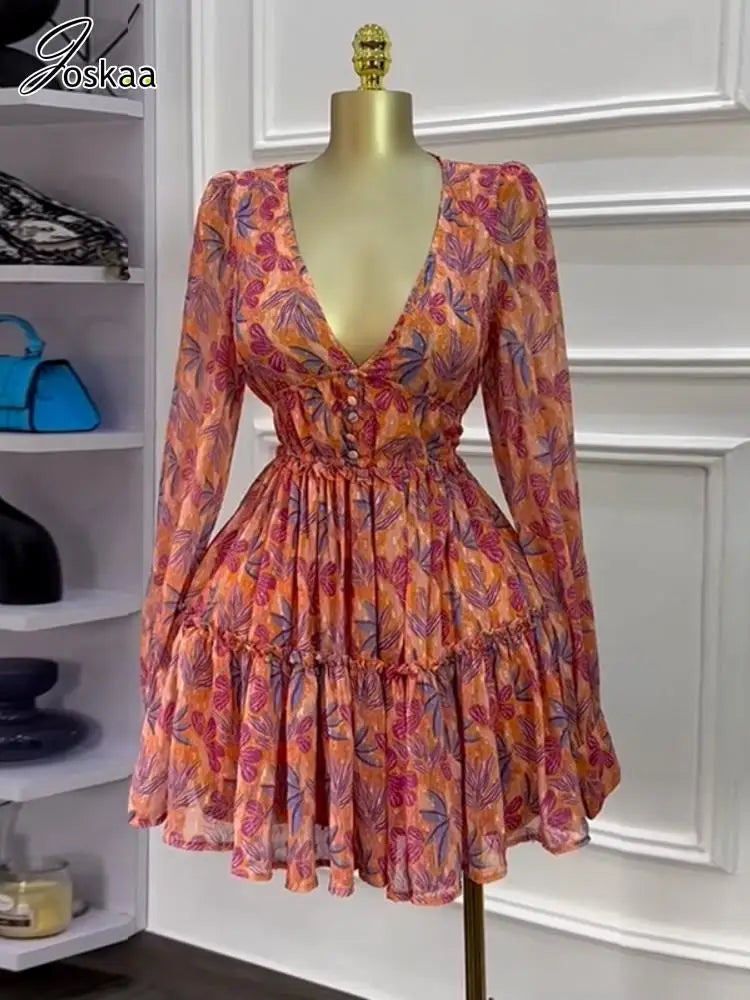 Women's Floral Print Long Sleeve Bodycon Dress Flower Color – Detail View