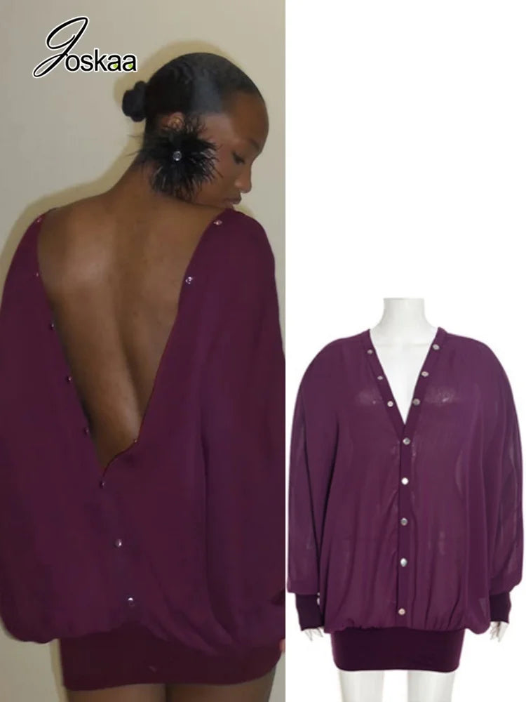 Women's Backless V-neck Long Sleeve Mini Dress - Women's Fashion Wholesale - Front View