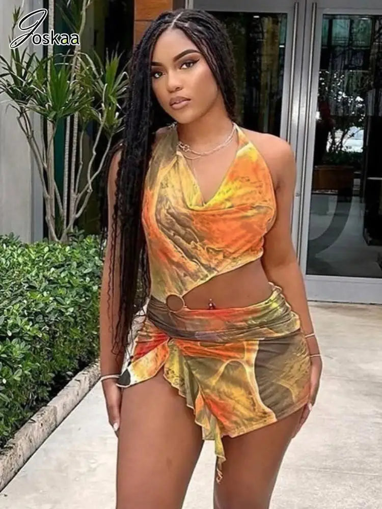 Women's Mesh Backless Cutout Halter Mini Dress Yellow – Side View