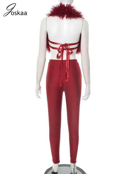 Women's Backless Halter Bodycon Two Piece Set Red – Detail View