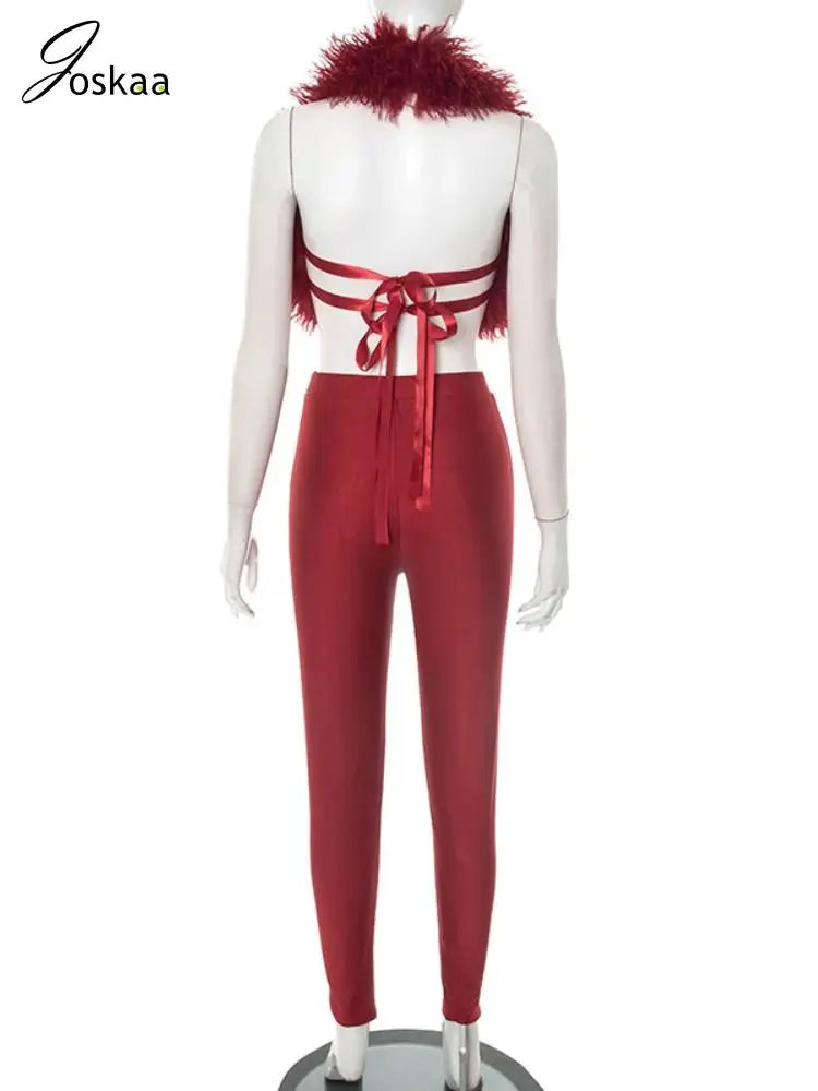 Women's Backless Halter Bodycon Two Piece Set Red – Detail View