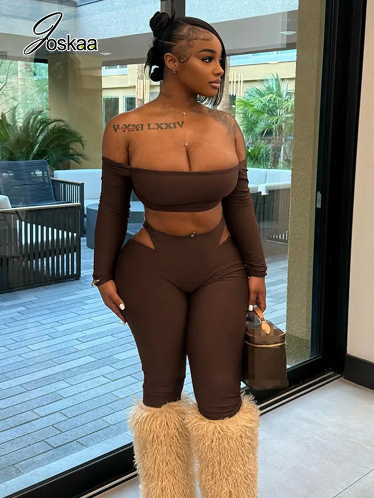 Women's Cutout Long Sleeve Crop Two Piece Set Blue – Front View