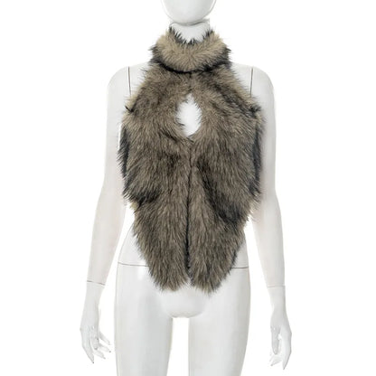 Women's Backless Cutout Halter Faux Fur Slit Top