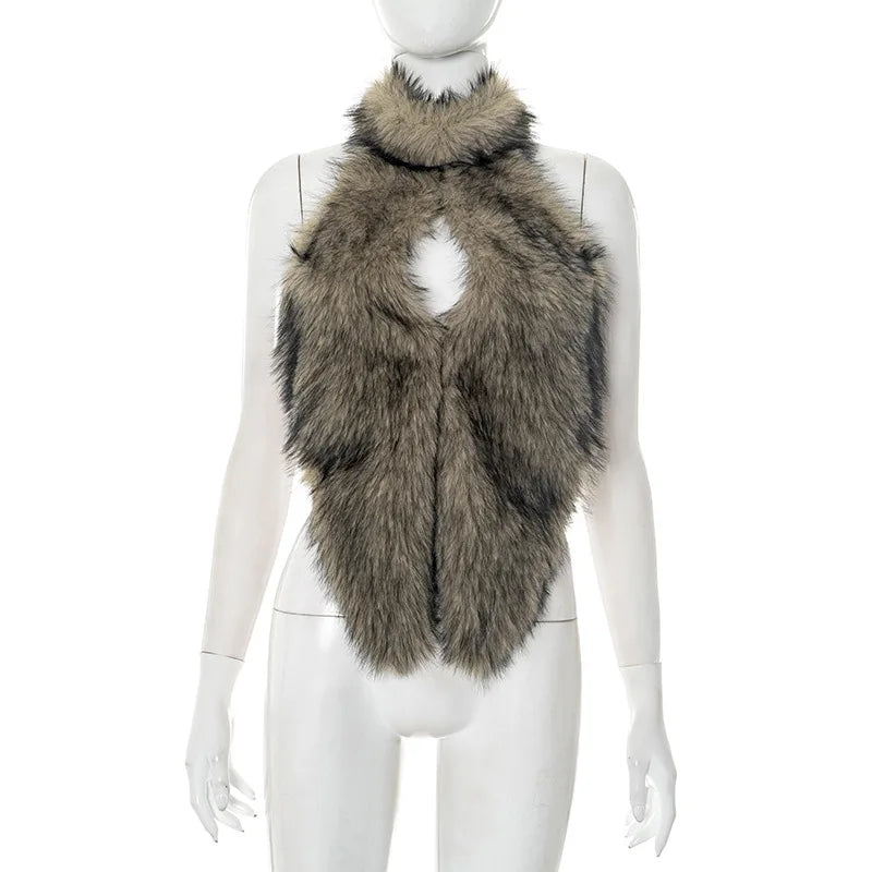 Women's Backless Cutout Halter Faux Fur Slit Top