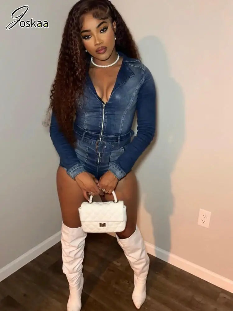 Women's Denim Long Sleeve Bodycon Romper – Women's Fashion Wholesale – Front View