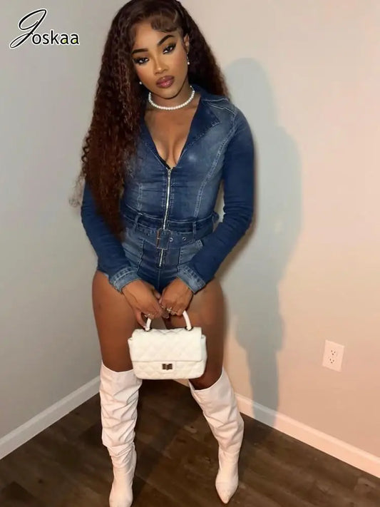 Women's Denim Long Sleeve Bodycon Romper – Women's Fashion Wholesale – Front View