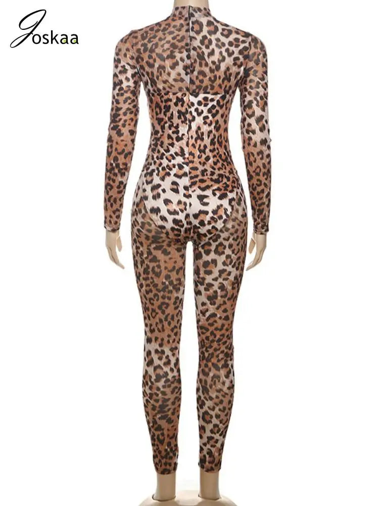 Women's Leopard Print Mesh Long Sleeve Romper Leopard Print – Detail View