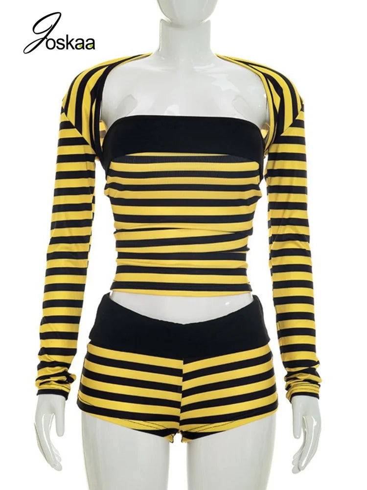 Women's Striped Strapless Long Sleeve Two Piece Set - Back View