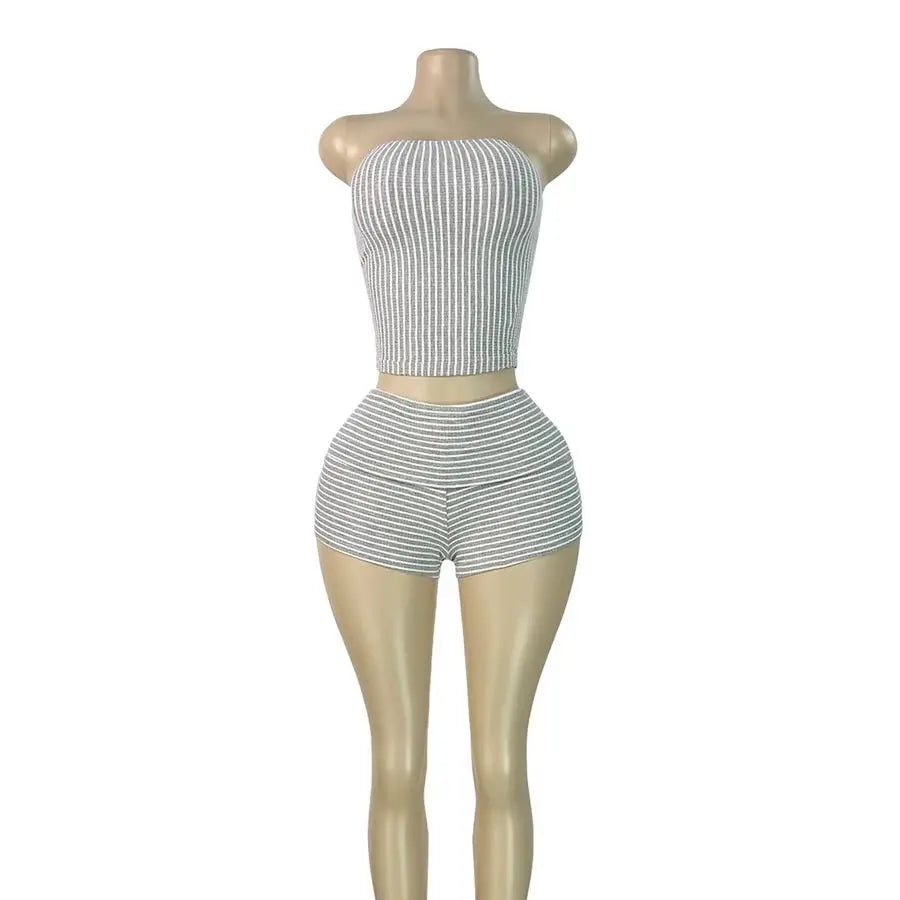 Women's Stripe Strapless Crop Two Piece Set