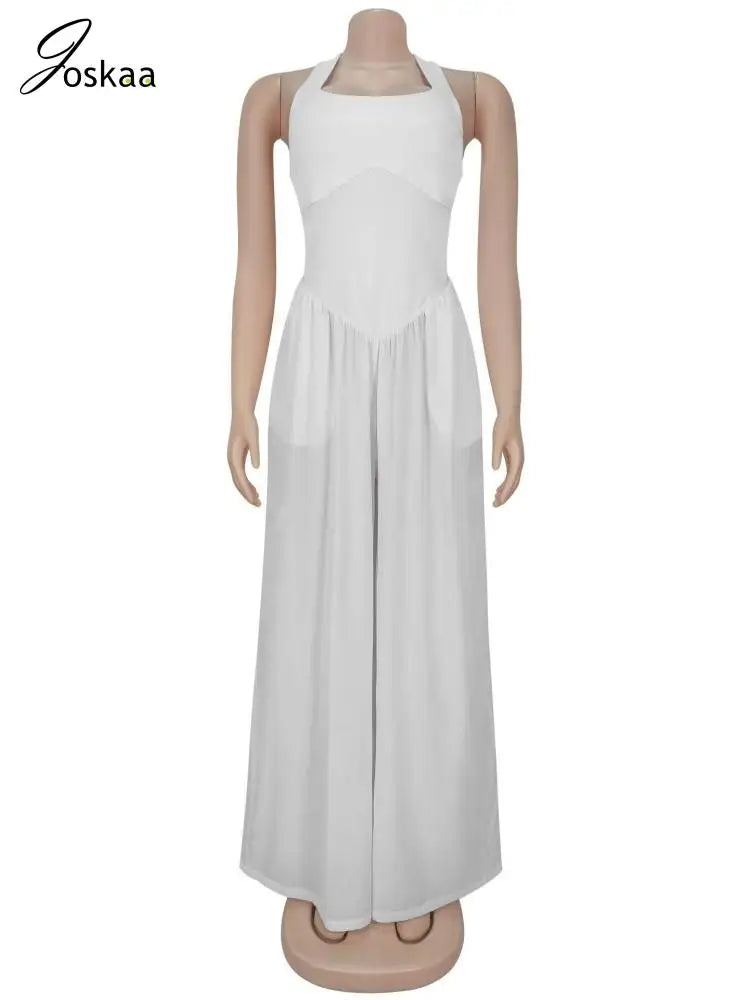 Women's Backless Halter Flare Wide Leg Romper White – Back View