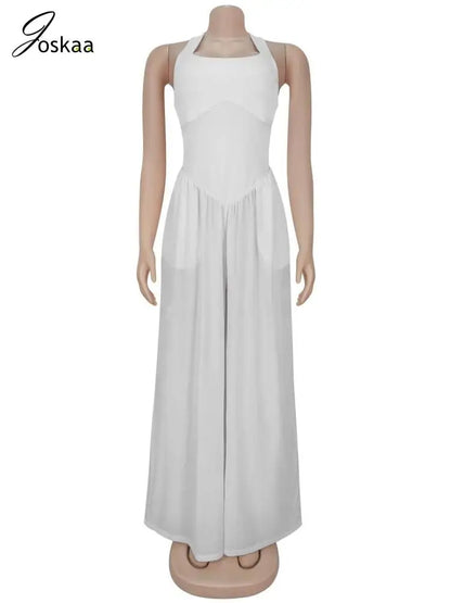 Women's Backless Halter Flare Wide Leg Romper White – Back View
