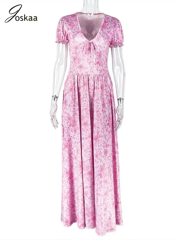 Women's Floral Print Ruched Maxi Bikini Set Pink – Back View