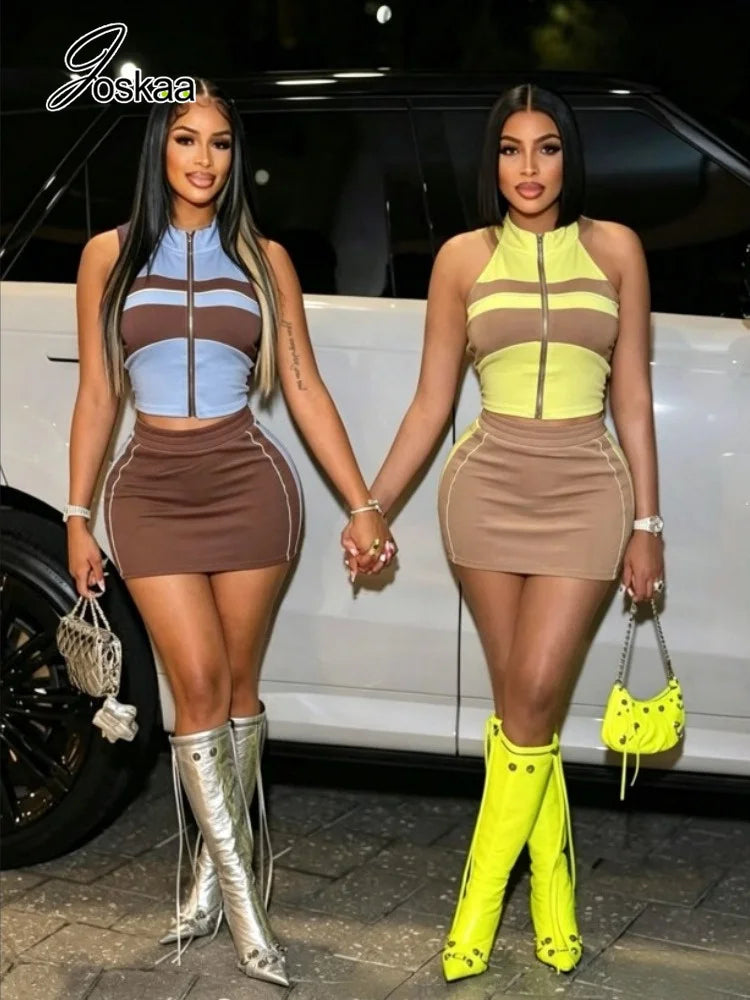 Women's Backless Halter Crop Two Piece Set Blue – Front View