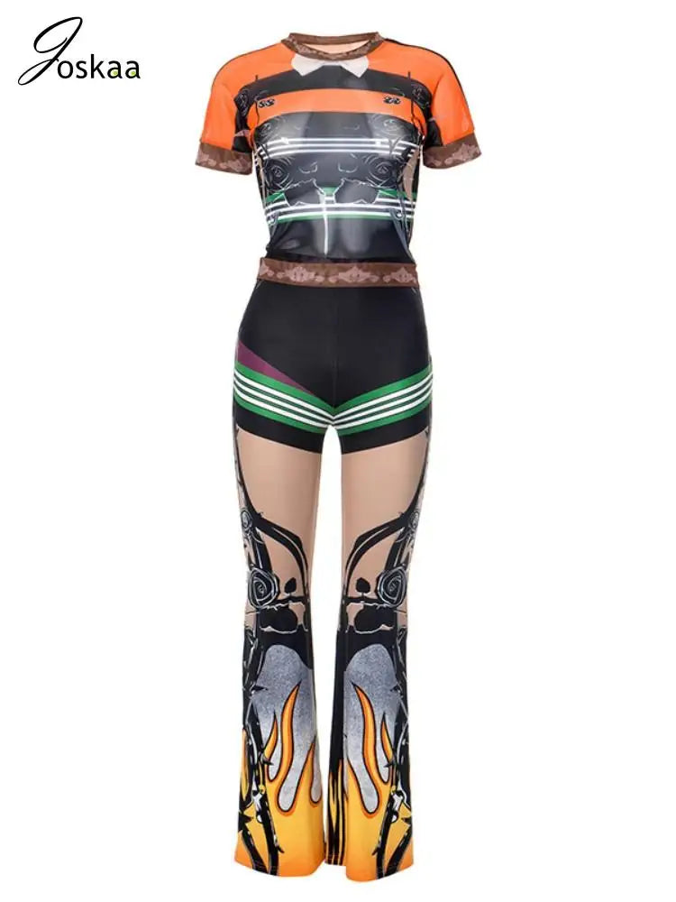 Women's Mesh Short Sleeve Crop Two Piece Set Orange – Back View