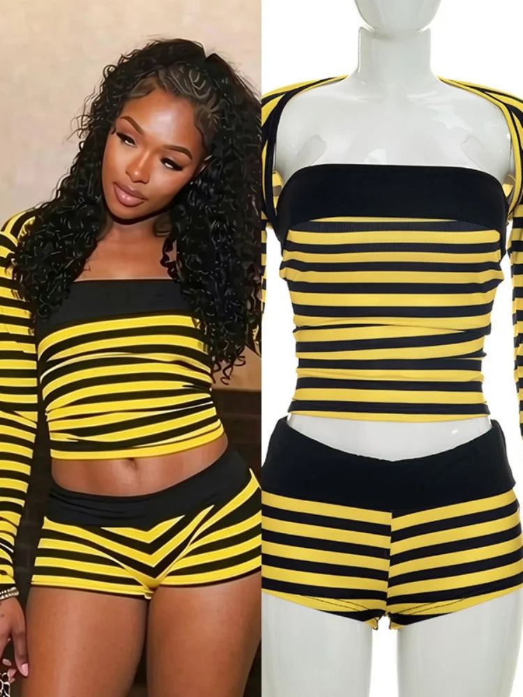 Women's Striped Strapless Long Sleeve Two Piece Set - Additional View 8