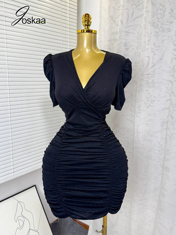 Women's Sequin Ruched V-neck Bodycon Mini Dress - Side View