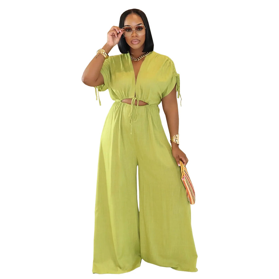 Women's Cutout Flare Wide Leg V-neck Romper