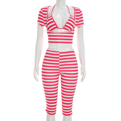 Women's Stripe Short Sleeve Crop Two Piece Set