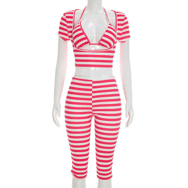 Women's Stripe Short Sleeve Crop Two Piece Set