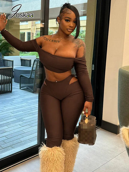 Women's Cutout Long Sleeve Crop Two Piece Set – Women's Fashion Wholesale – Front View