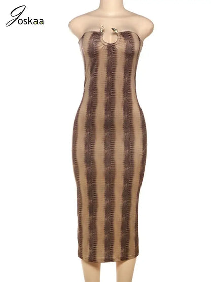 Women's Snake Print Backless Strapless Bodycon Dress Brown – Back View