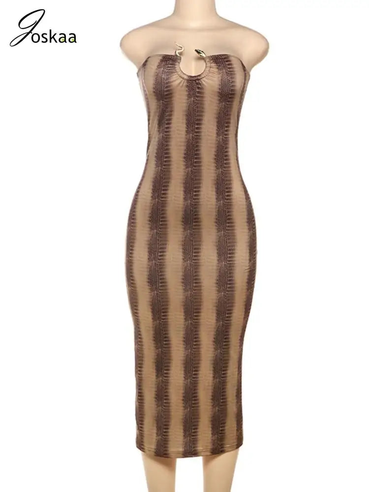 Women's Snake Print Backless Strapless Bodycon Dress Brown – Back View