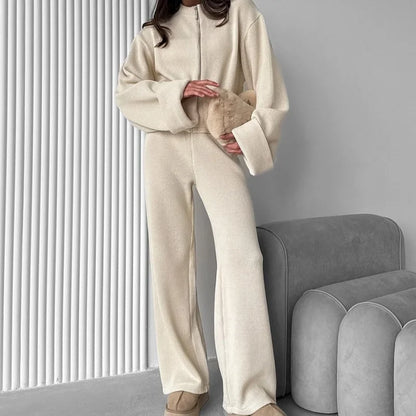 Women's Knit Long Sleeve Ribbed Zip Wide Two Piece Set