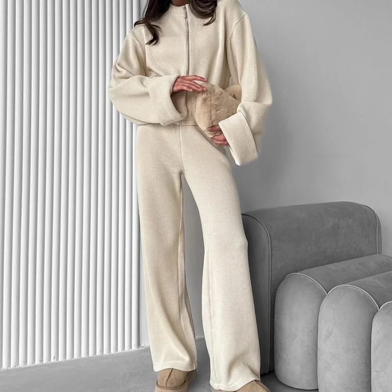 Women's Knit Long Sleeve Ribbed Zip Wide Two Piece Set