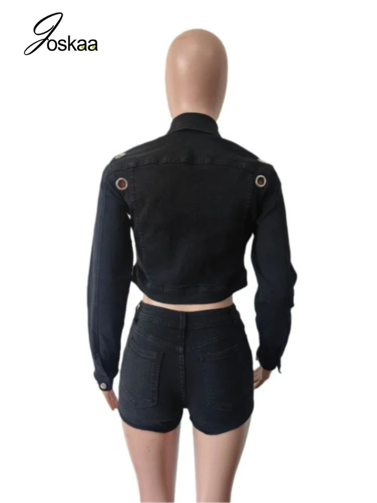 Women's Denim Print Long Sleeve Two Piece Set - Model Wearing Style