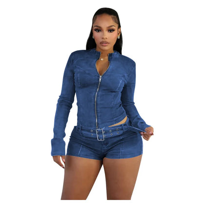 Women's Denim Long Sleeve Zip Two Piece Set