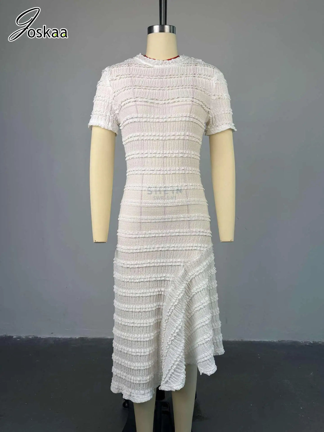 Women's Short Sleeve Half High Collar Dress White – Detail View