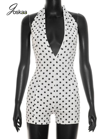 Women's Polka Dot Backless V-neck Halter Romper - Back View