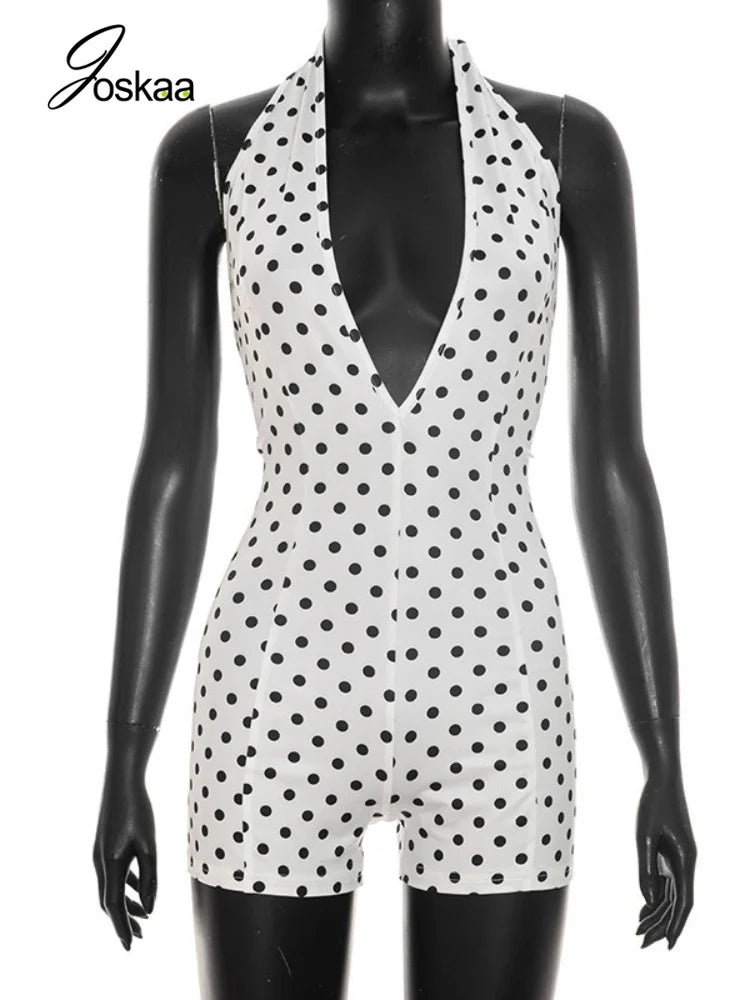 Women's Polka Dot Backless V-neck Halter Romper - Back View