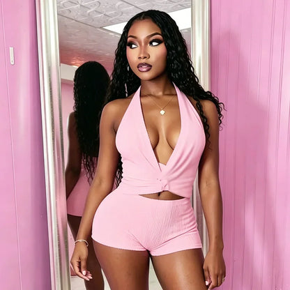 Women's Sequin Backless V-neck Halter Two Piece Set