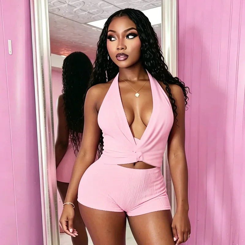 Women's Sequin Backless V-neck Halter Two Piece Set
