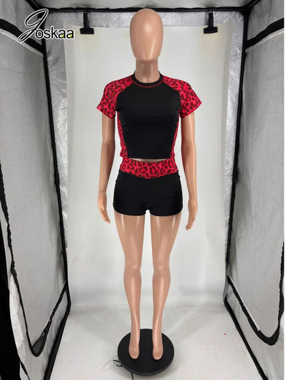Women's Leopard Print Short Sleeve Crop Two Piece Set Coffee – Detail View