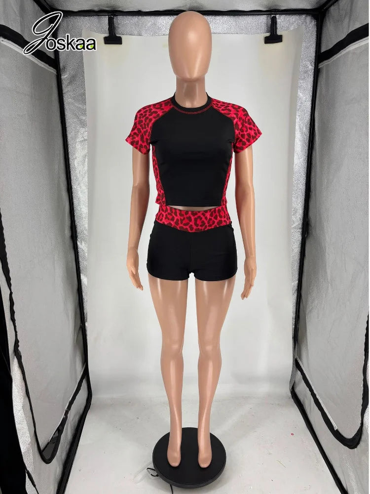 Women's Leopard Print Short Sleeve Crop Two Piece Set Coffee – Detail View