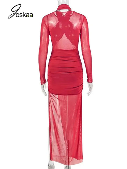 Women's Mesh Ruched Halter Long Sleeve Maxi Dress - Detail View