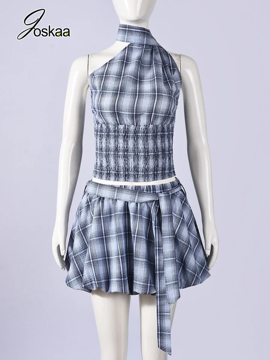 Women's Backless Halter Plaid Two Piece Set Blue – Back View
