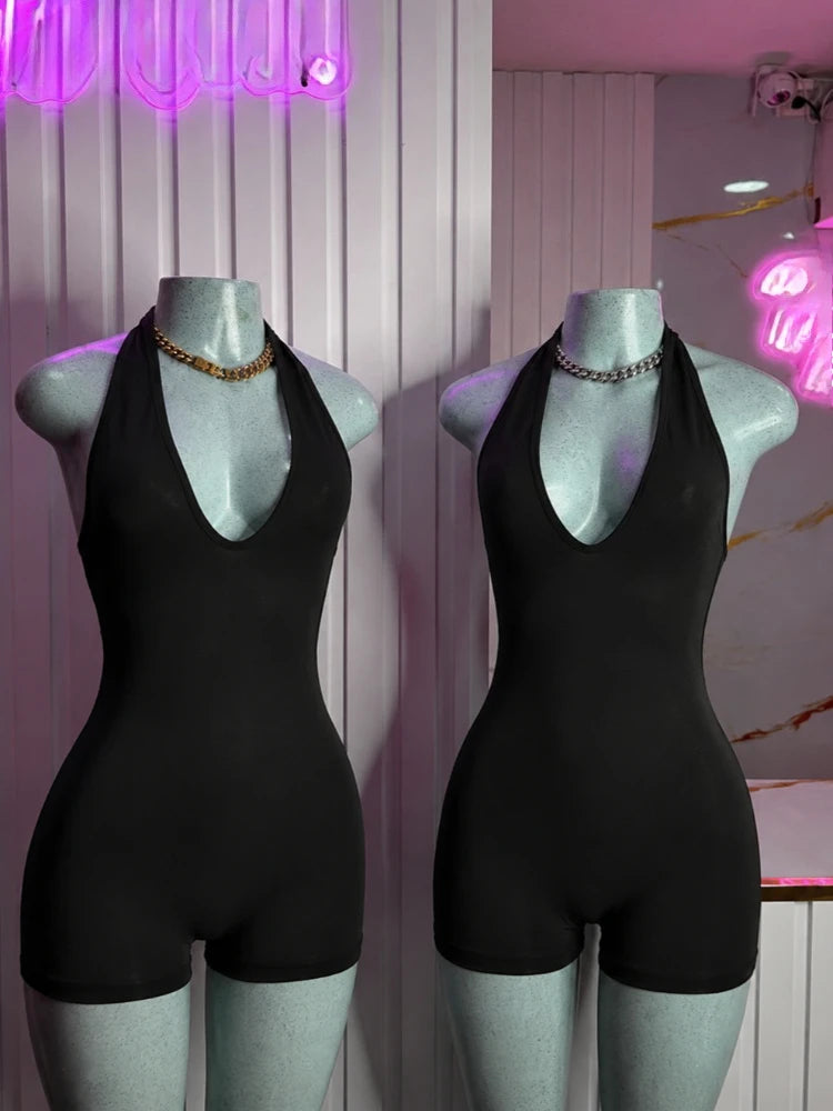 Wholesale Women's Backless Halter Bodycon Romper black – Side View