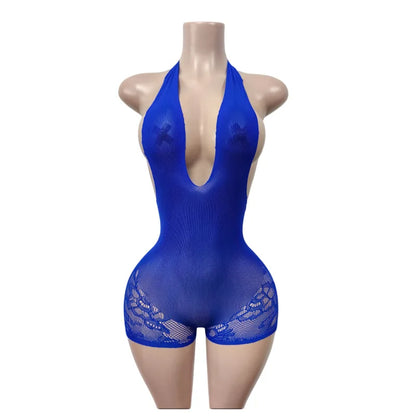 Women's Lace Backless V-neck Halter Romper - Detail View 8