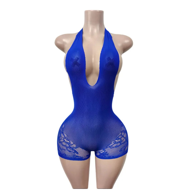 Women's Lace Backless V-neck Halter Romper - Detail View 8