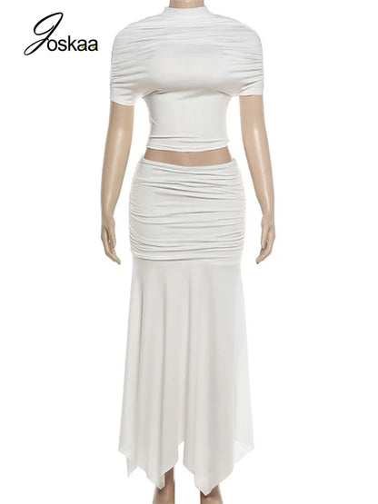 Women's Ruched Short Sleeve Crop Two Piece Set White – Back View