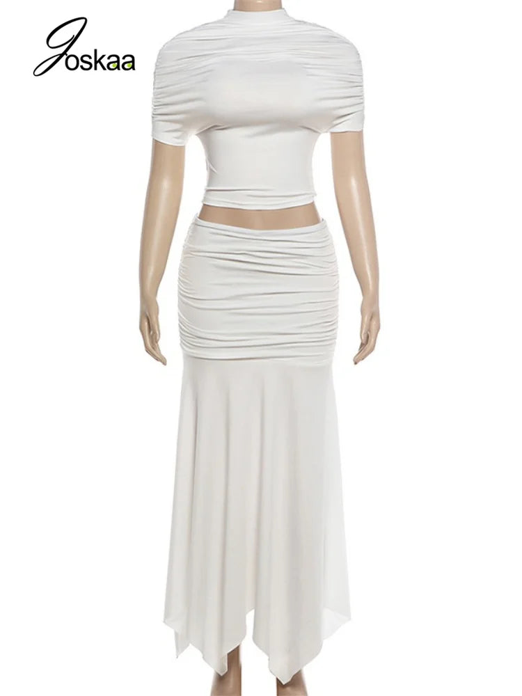 Women's Ruched Short Sleeve Crop Two Piece Set White – Back View