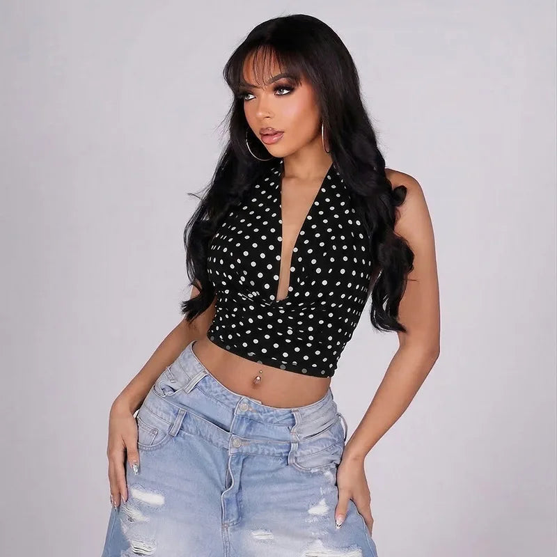 Women's Polka Dot Lace Backless Halter Top