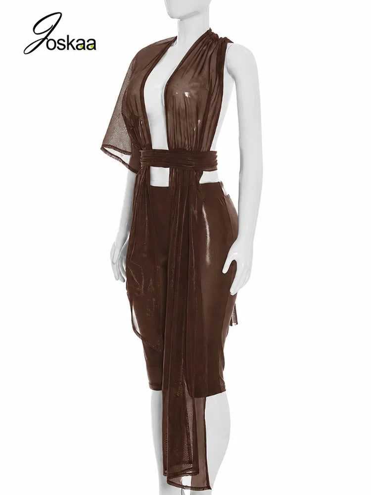 Women's Mesh Backless One Shoulder Two Piece Set - Detail View